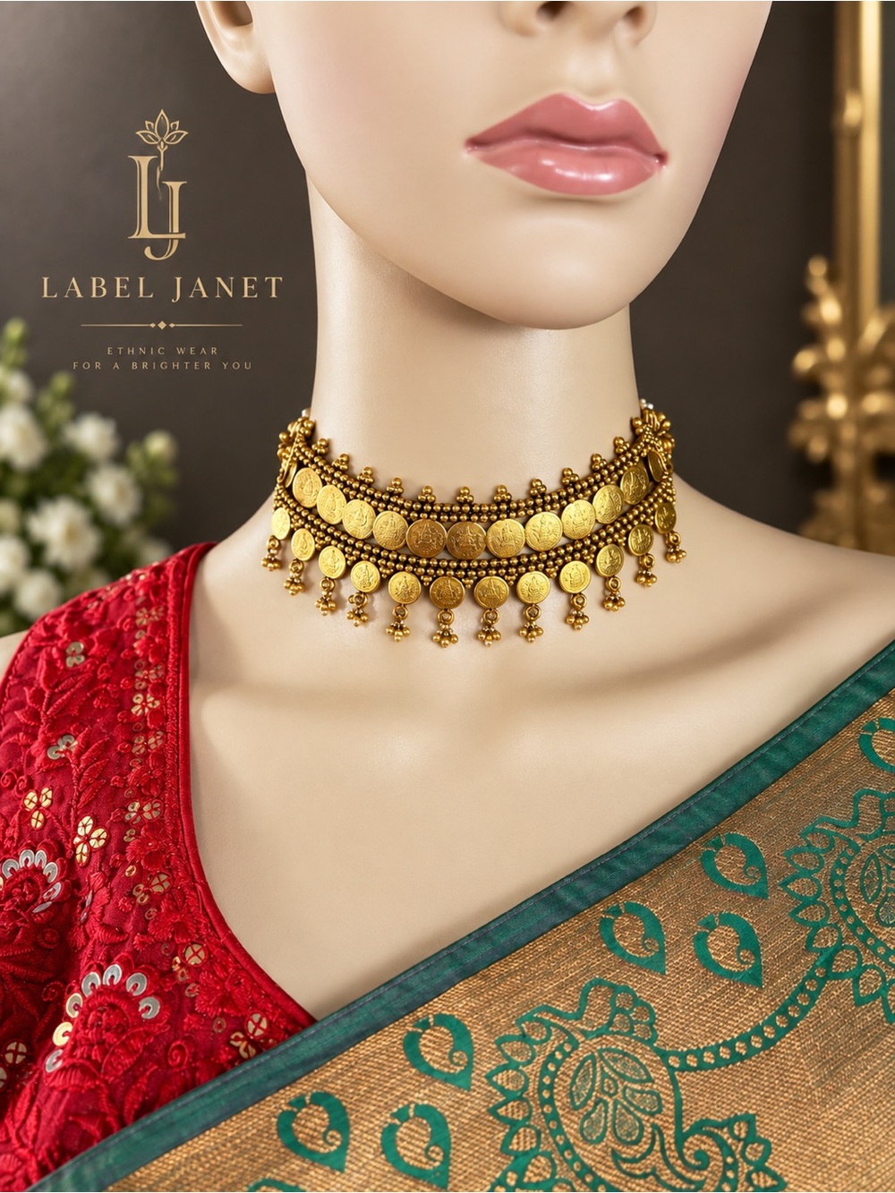 Gold-Tone Coin Choker Necklace with Matching Earrings